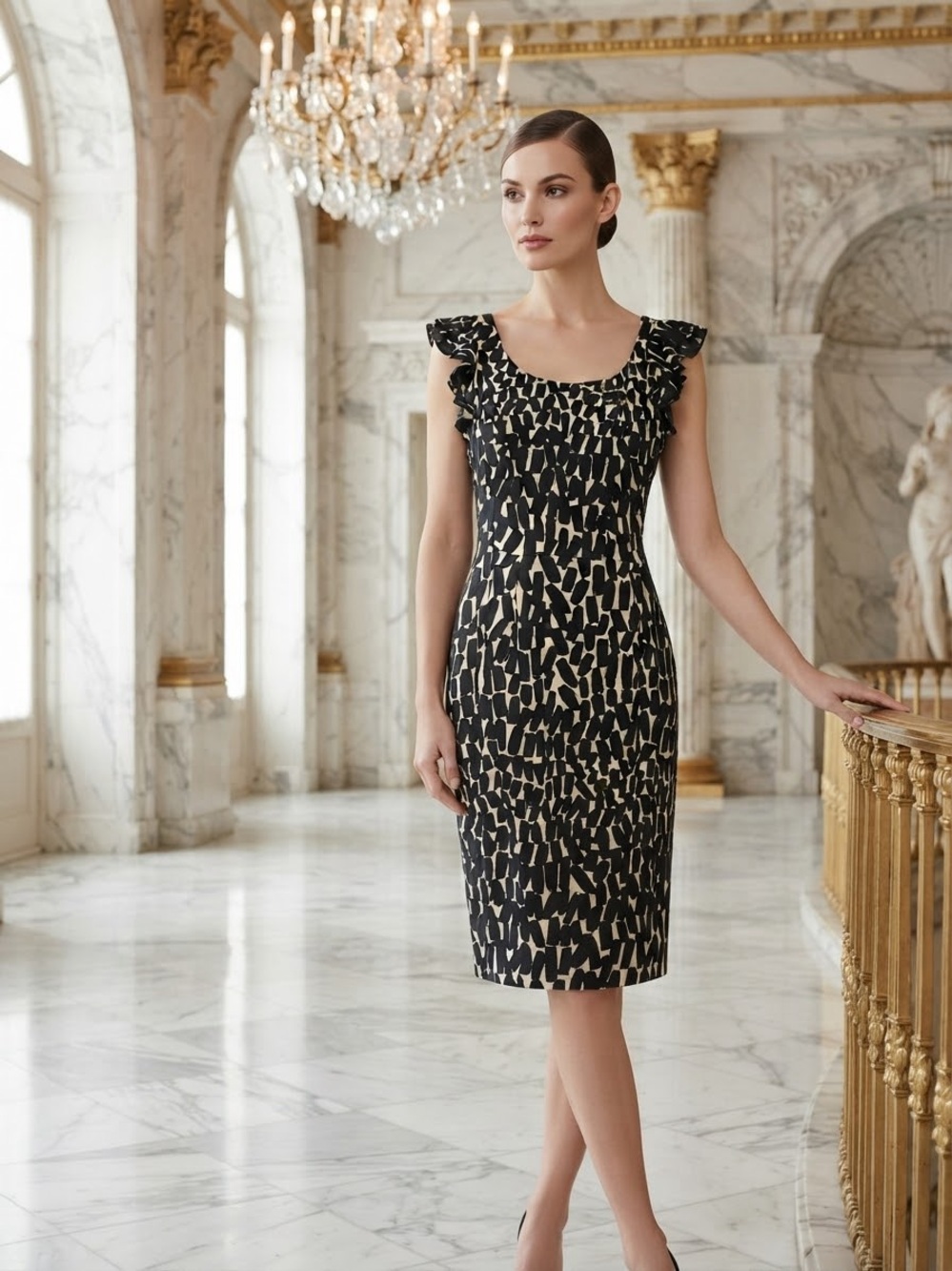 Black and Cream Printed Ruffle-Sleeve Dress